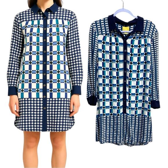 Maeve Anthropologie Retro Mod Geometric Shirt Dress Blue Collared Size 4 - Picture 1 of 12